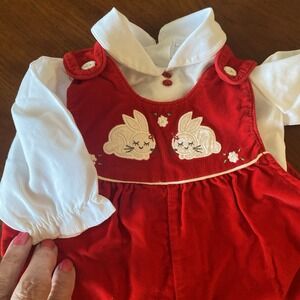 Vtg‎ NOS  Baby Togs Romper Red Emboidered 2 piece Velvet Size 6-9 Mths